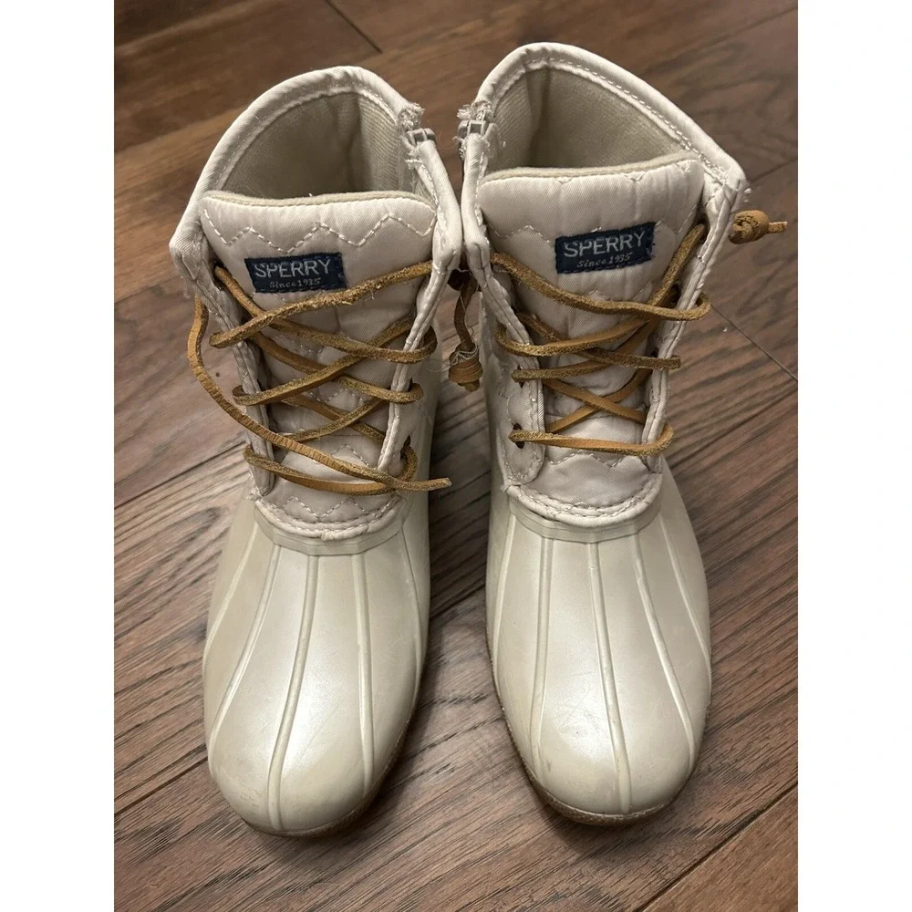 Sperry Duck Boots Youth 3 M Girls Saltwater Zip Lace Up Blush White